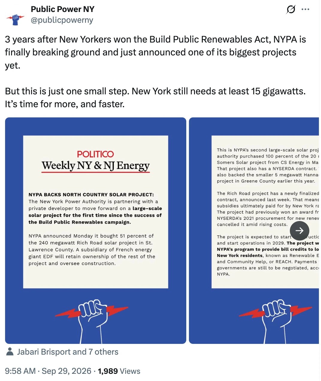 Public Power NY post on X, Sept. 29, 2026: “3 years after New Yorkers won the Build Public Renewables Act, NYPA is finally breaking ground and just announced one of its biggest projects yet. But this is just one small step. New York still needs at least 15 gigawatts. It’s time for more, and faster.” It shares Politico’s report on the Rich Road deal.